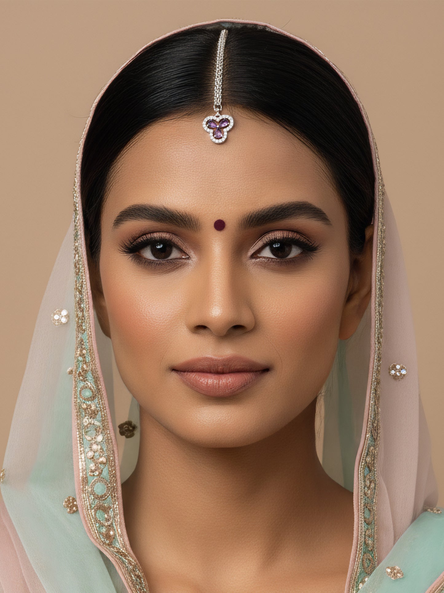 Silver Plated Purple AD Maang Tikka for Women