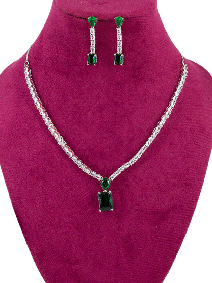 Silver Plated Green AD Minimal Jewellery Set