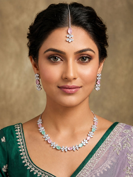 Silver Plated Multi Colour AD Jewellery Set for Women