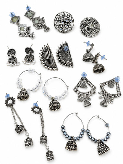 Set of 9 Silver Oxidised Jhumka Earrings for Women
