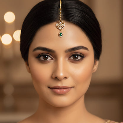 Gold Plated Green AD Maang Tikka for Women