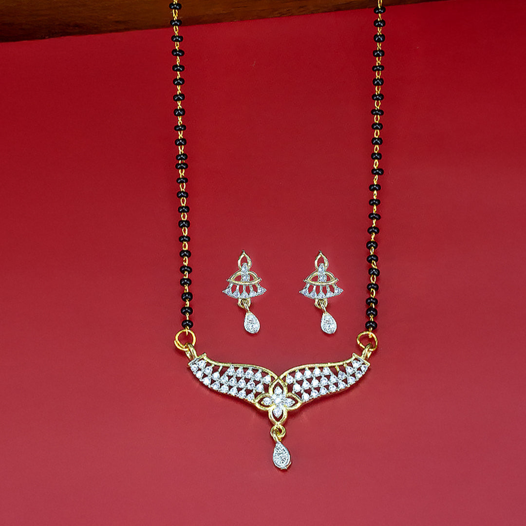 Gold Plated American Diamond & Black Beaded Trendy Mangalsutra With Earrings