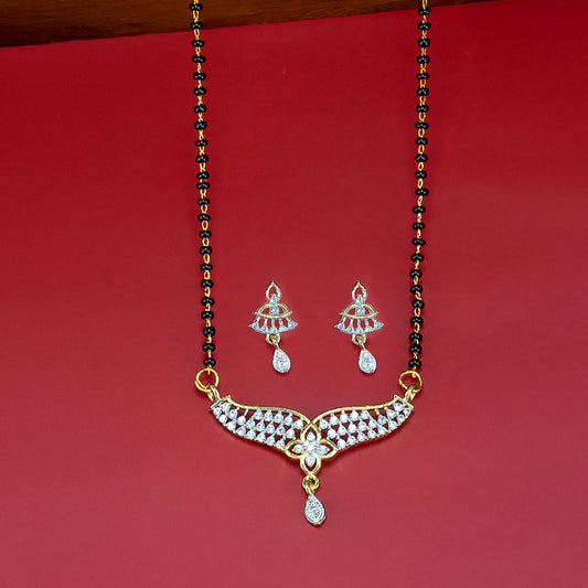 Gold Plated American Diamond & Black Beaded Trendy Mangalsutra With Earrings