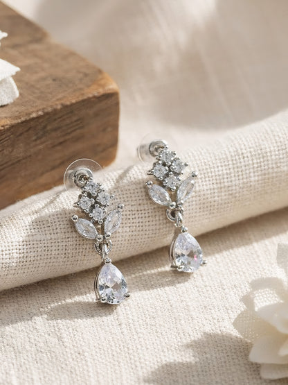 Rhodium Plated AD Minimal Drop Earrings for Women