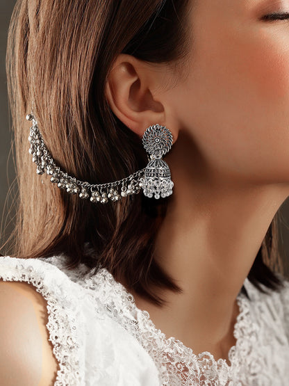 Silver-Oxidised Floral Jhumka Earrings With Ear Chain