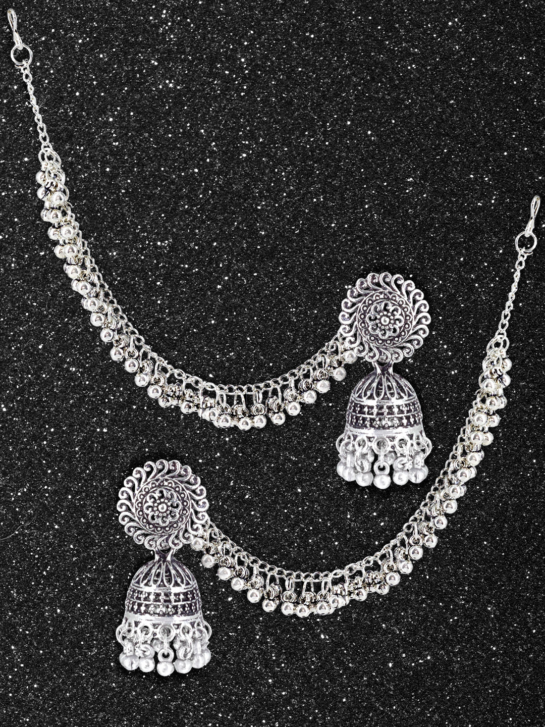 Silver-Oxidised Floral Jhumka Earrings With Ear Chain