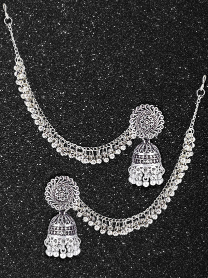 Silver-Oxidised Floral Jhumka Earrings With Ear Chain
