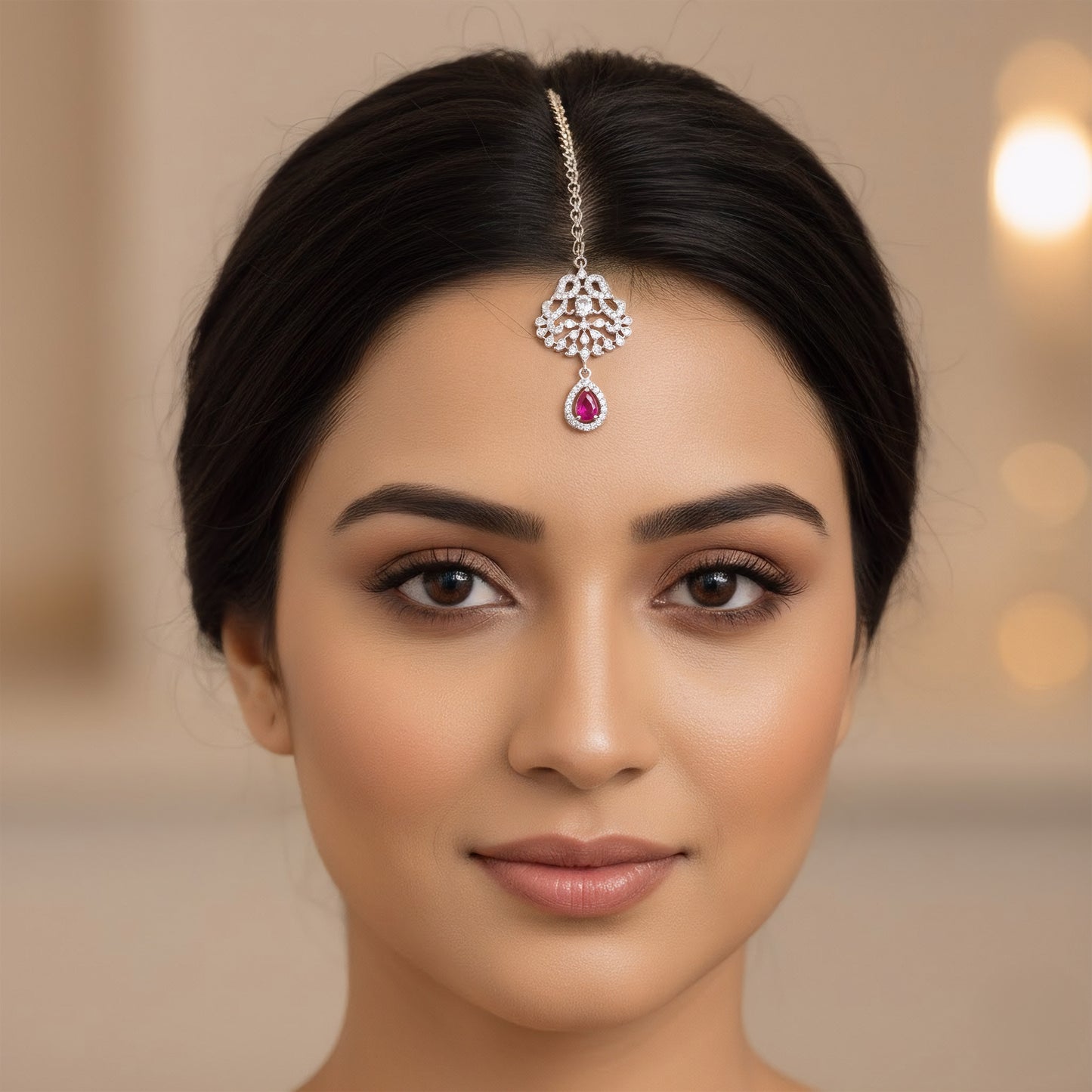 Rhodium Plated Red AD Maang Tikka for Women