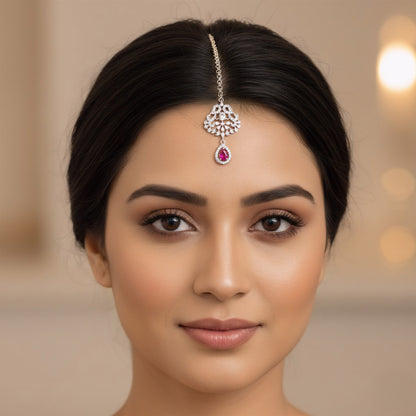 Rhodium Plated Red AD Maang Tikka for Women
