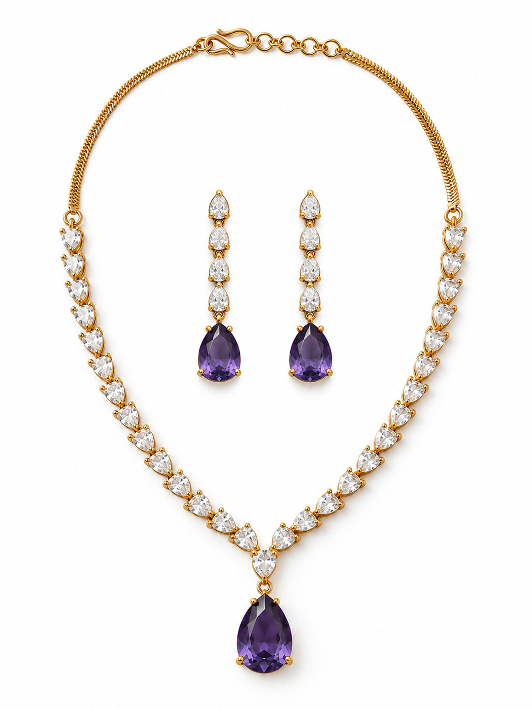 South Indian Gold Plated Purple AD Teardrop Jewellery Set for Women
