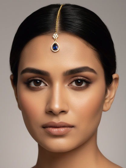 Gold Plated Blue AD Teardrop Maang Tikka for Women