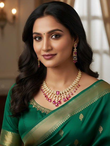 Gold Plated Red AD Studded Jewellery Set