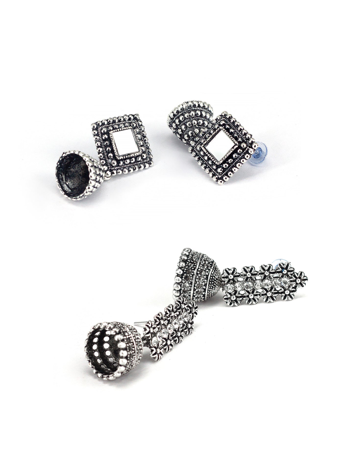 Set of 4 Silver Oxidised Jhumka Earrings for Women