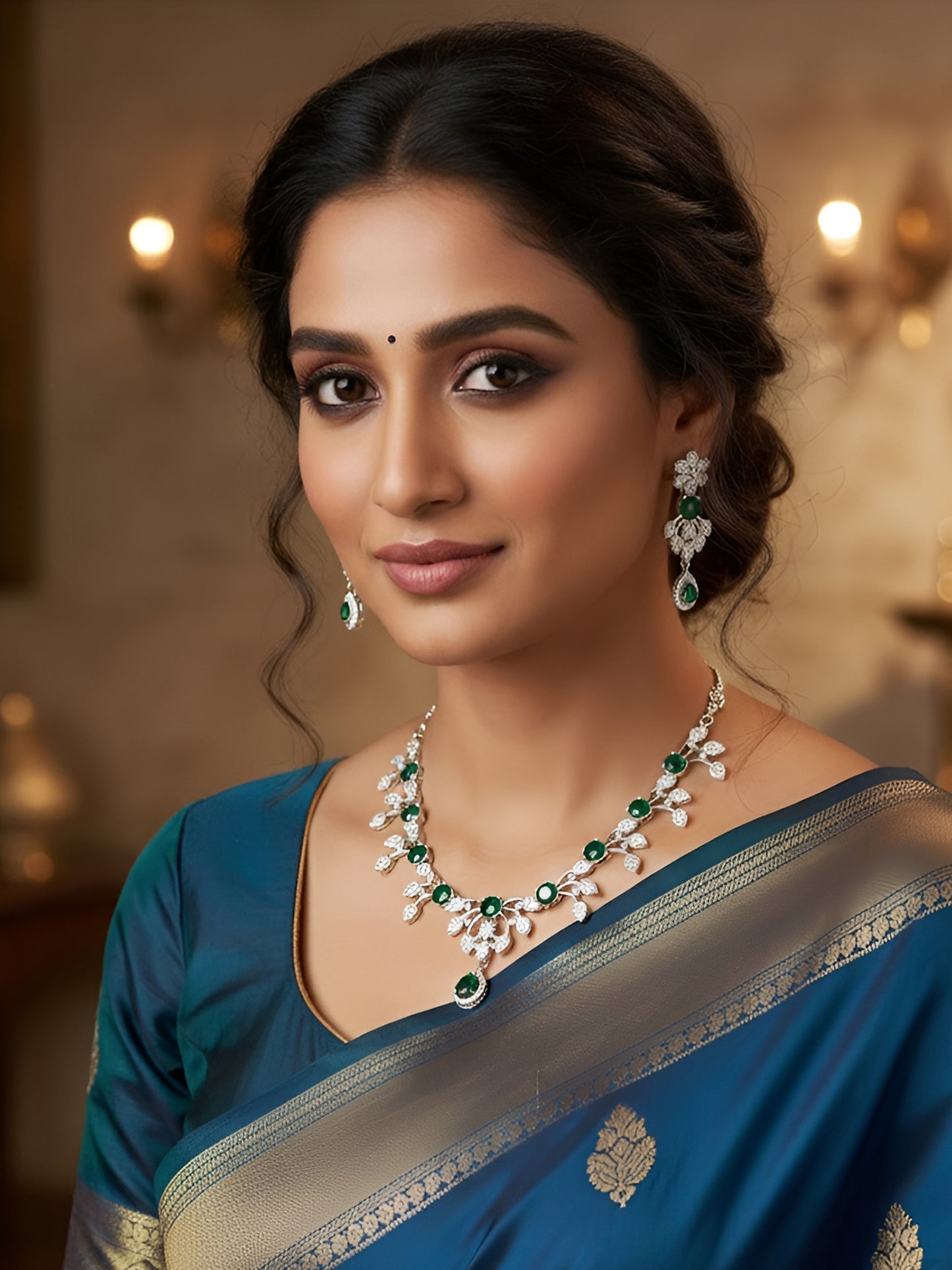 Silver Plated Green AD Designer Jewellery Set for Women