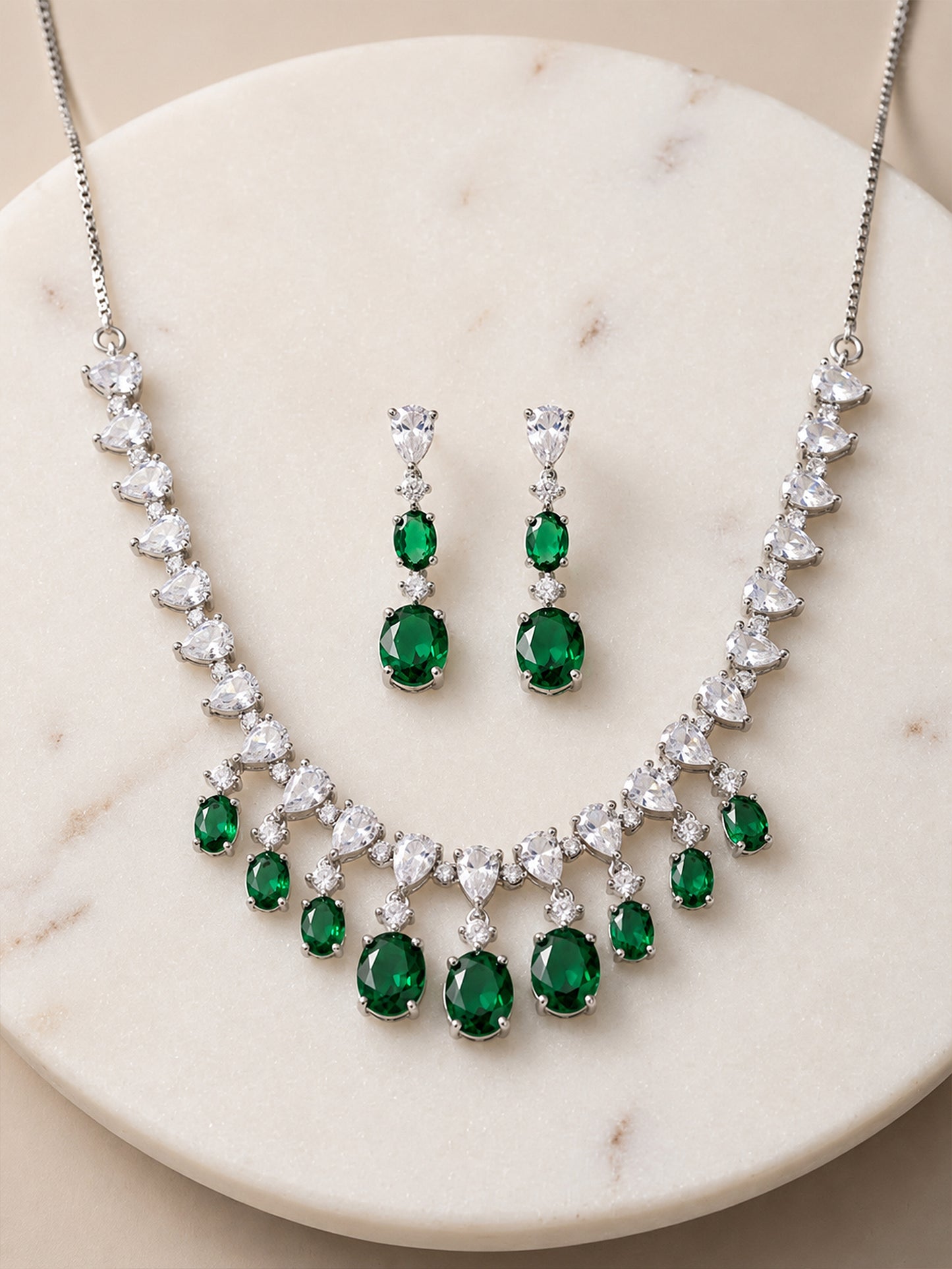 Silver Plated Green AD Choker Set for Women