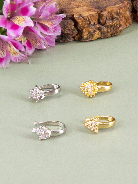 Set of 4 Silver & Gold Plated White American Diamond Press On Nose Pins