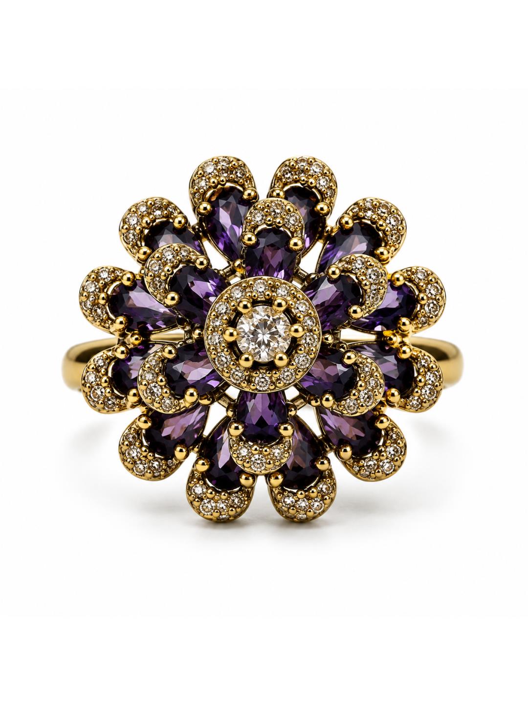 Antique Gold Plated Purple AD Floral Finger Ring for Women