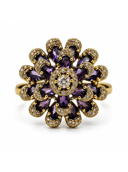 Antique Gold Plated Purple AD Floral Finger Ring for Women