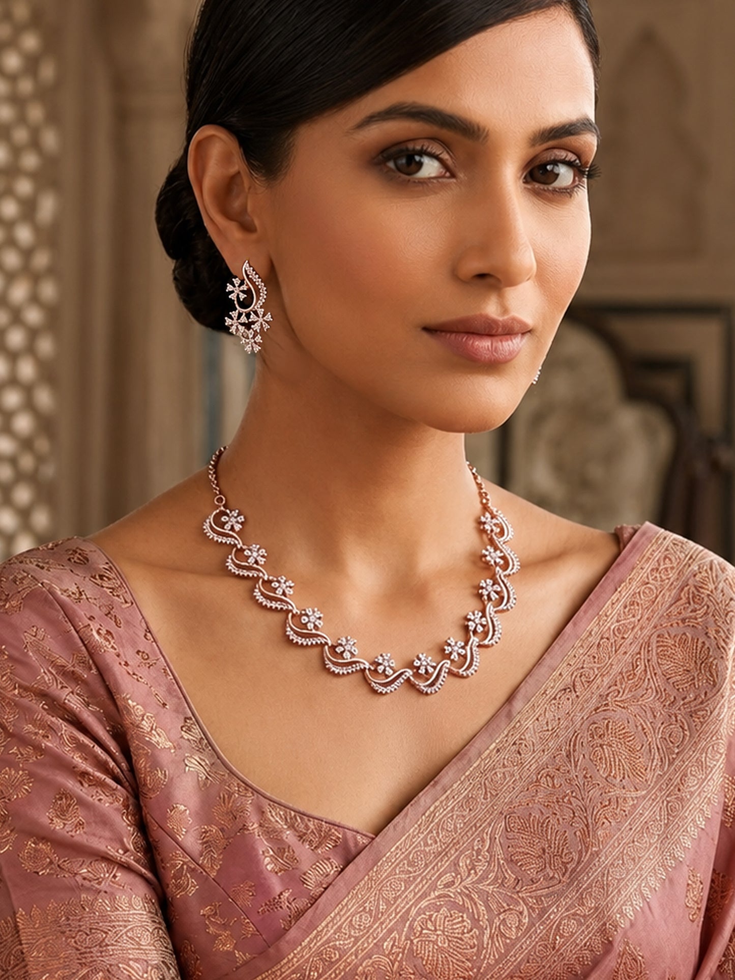 Rose Gold Plated AD Floral Jewellery Set for Women