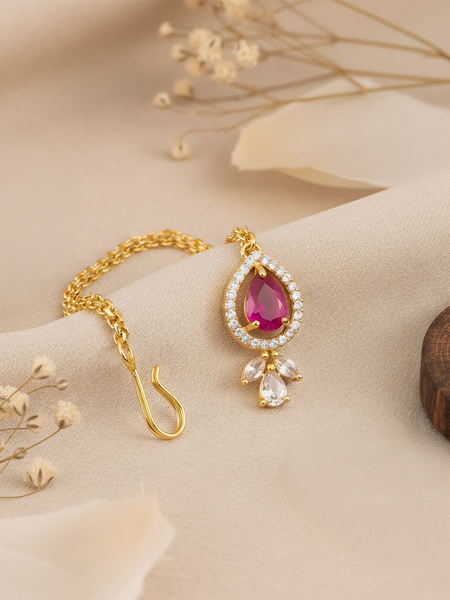 Gold Plated Ruby American Diamond Teardrop Maang Tikka for Women and Girls