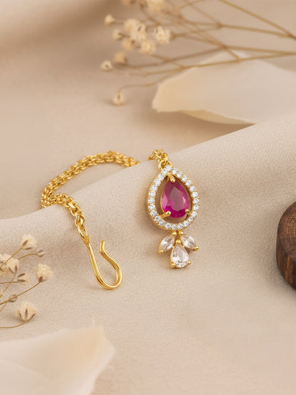 Gold Plated Ruby American Diamond Teardrop Maang Tikka for Women and Girls
