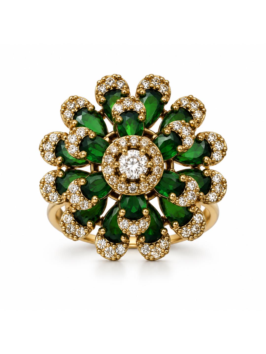 Antique Gold Plated Green AD Floral Finger Ring for Women