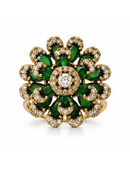 Antique Gold Plated Green AD Floral Finger Ring for Women
