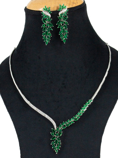 Silver Plated Green AD Designer Floral Sleek Jewellery Set