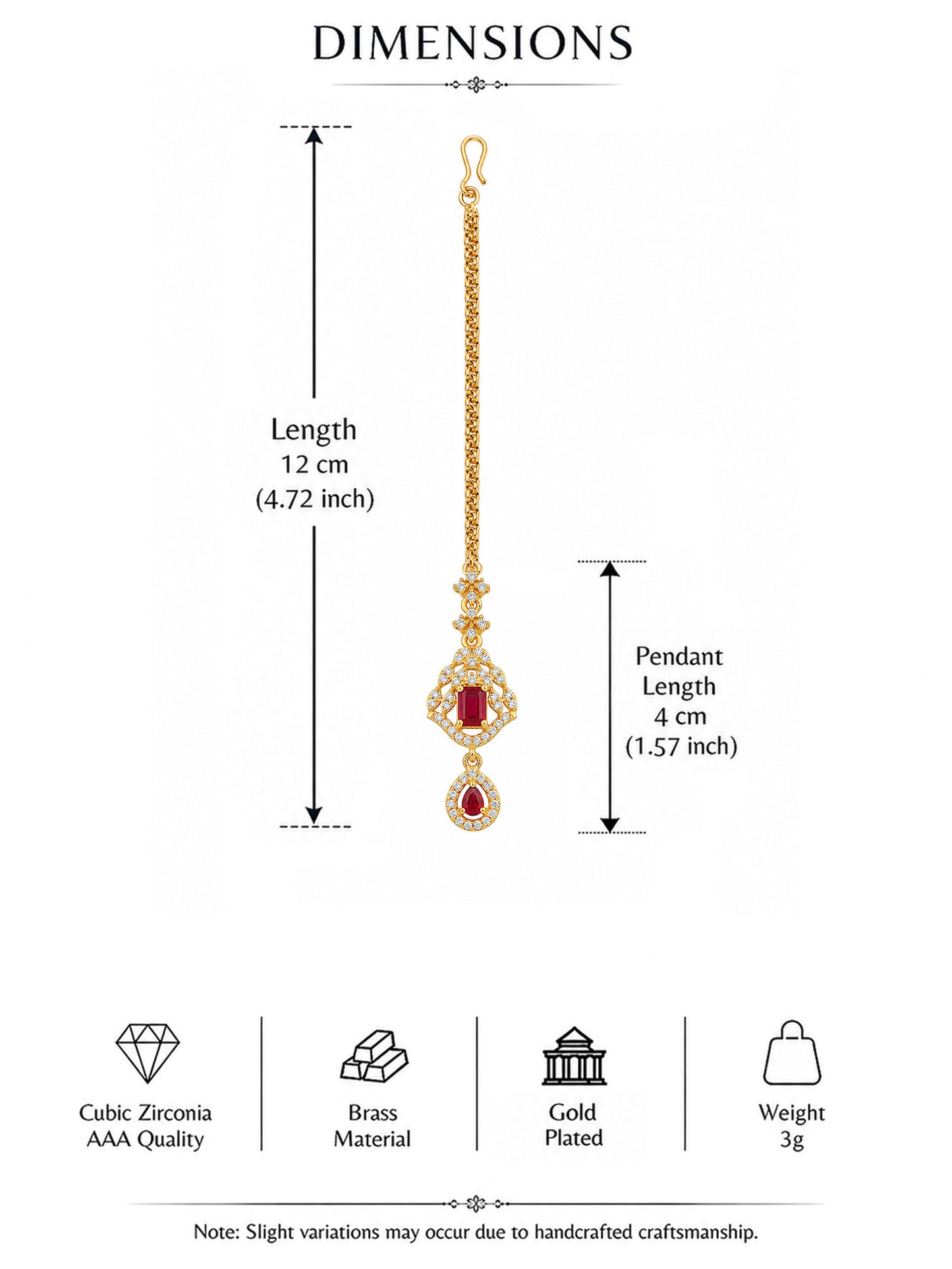 Gold Plated Red AD Maang Tikka for Women