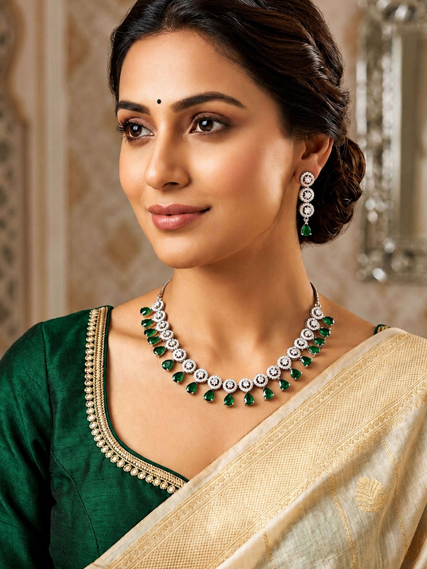 Silver Plated Green AD Jewellery Set for Women