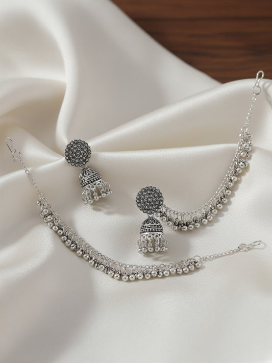 Silver Oxidised Circular Earrings with Ear Chain for Women