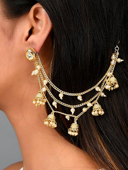 Gold-Plated 3-Layered Beads & Jhumki Drop Ear Chain