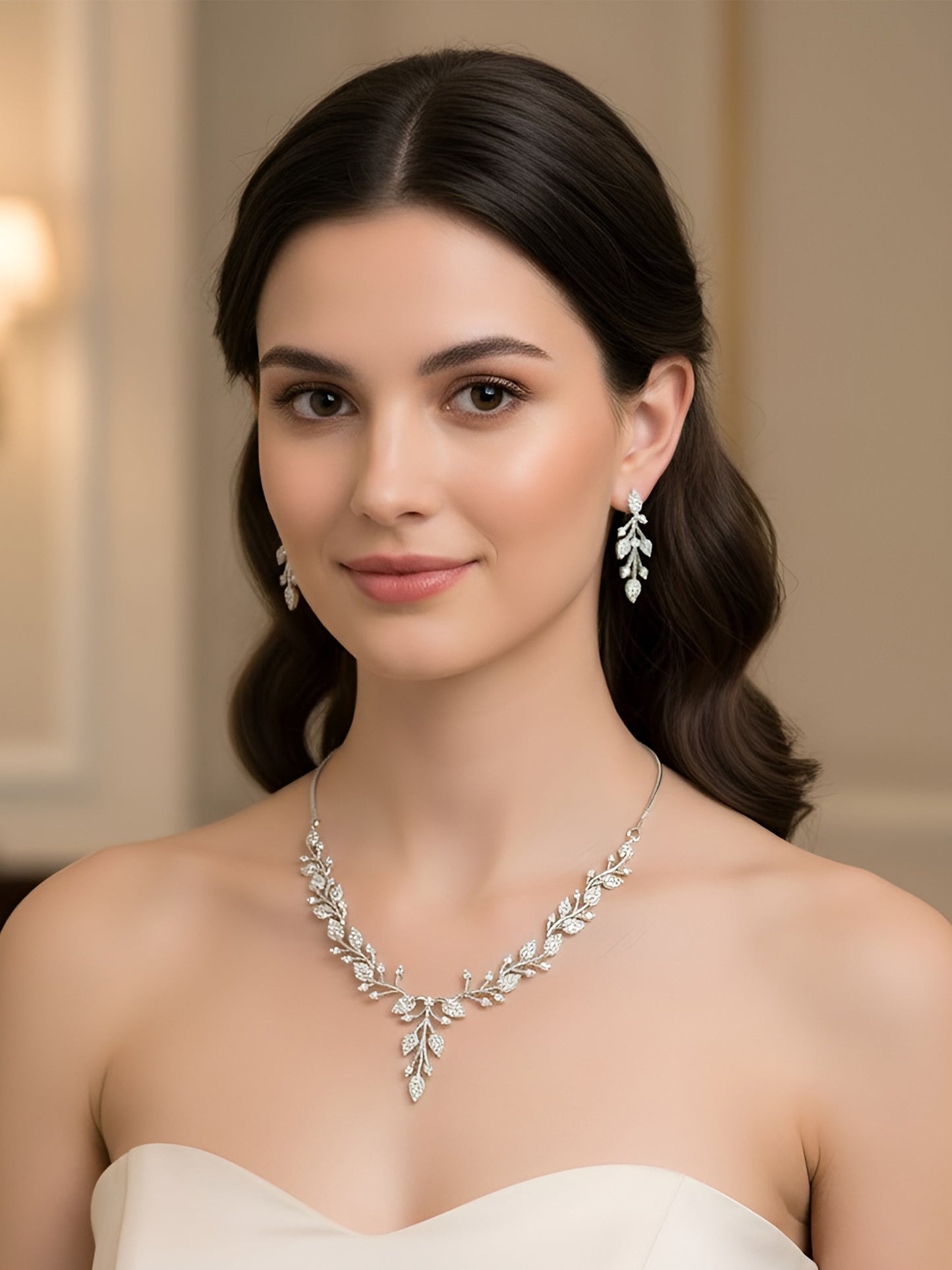 Silver Plated White AD Leaf Designer Jewellery Set