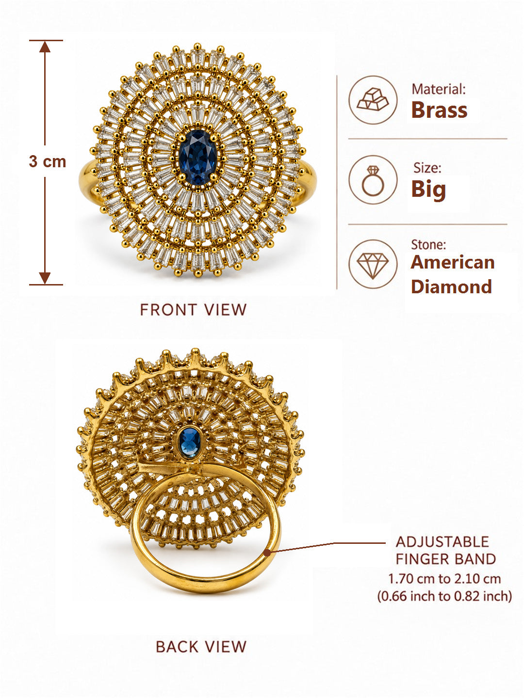 Antique Gold Plated Blue AD Finger Ring for Women