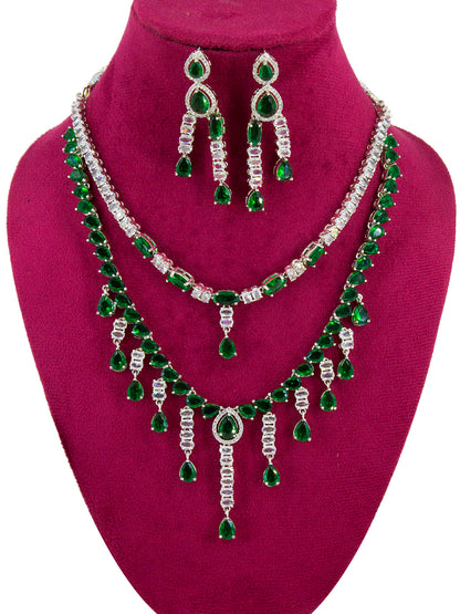 Silver Plated Green AD Designer 2 Layer Cocktail Jewellery Set