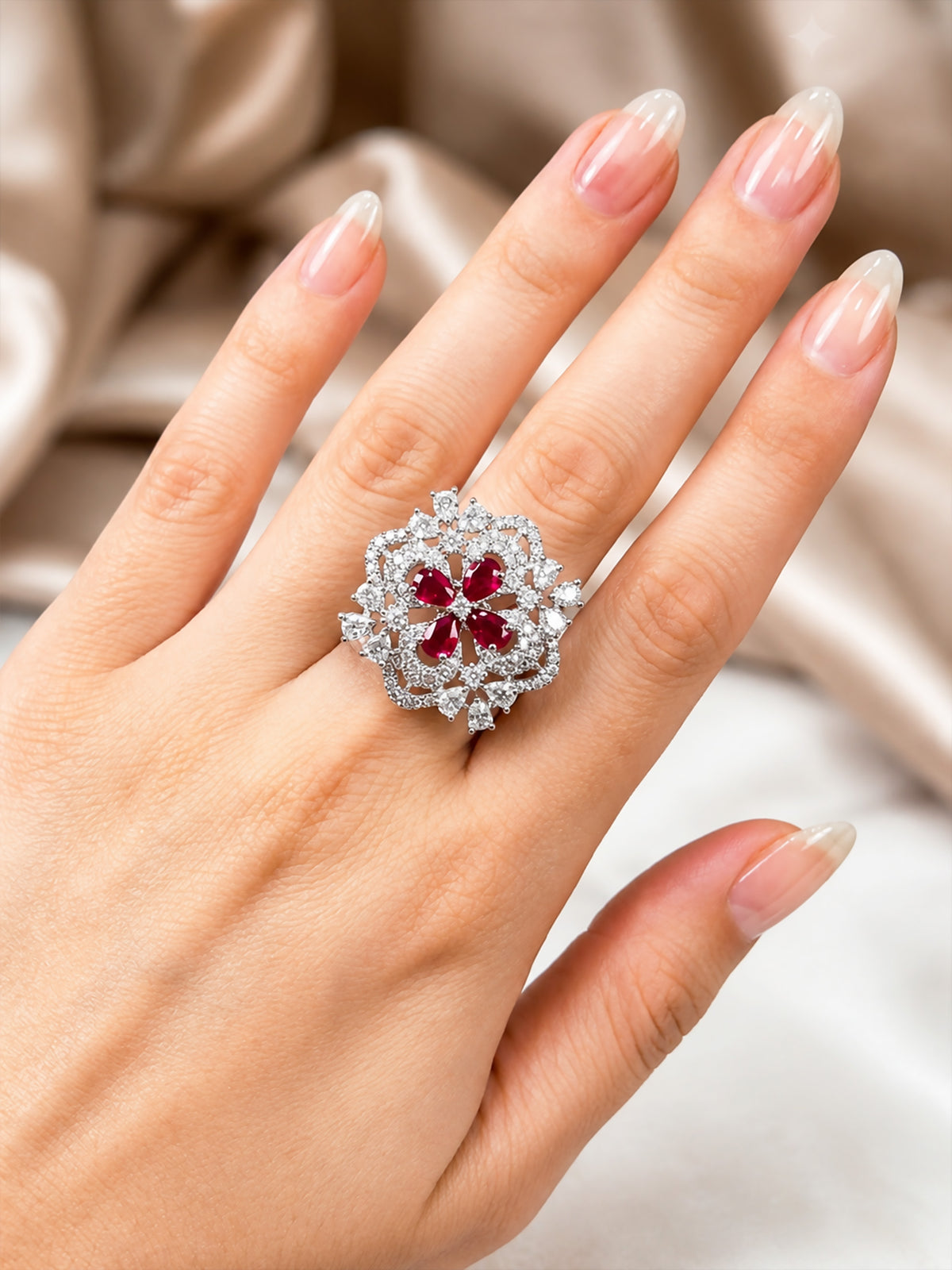 Rhodium Plated Red AD Floral Finger Ring for Women