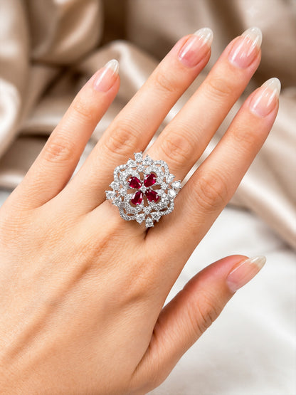 Rhodium Plated Red AD Floral Finger Ring for Women