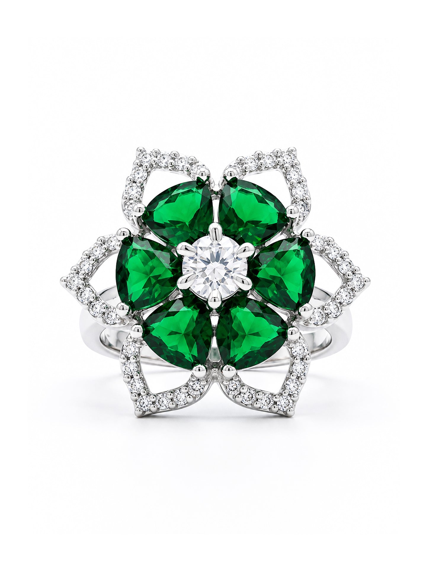Rhodium Plated Green AD Floral Finger Ring for Women