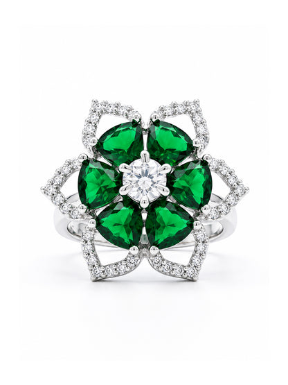 Rhodium Plated Green AD Floral Finger Ring for Women