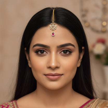 Gold Plated Red AD Maang Tikka for Women