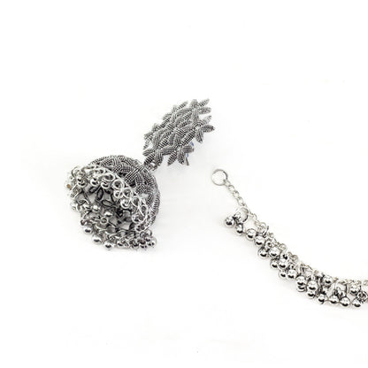 Silver Oxidised Floral Jhumka Earring with Chain for Women