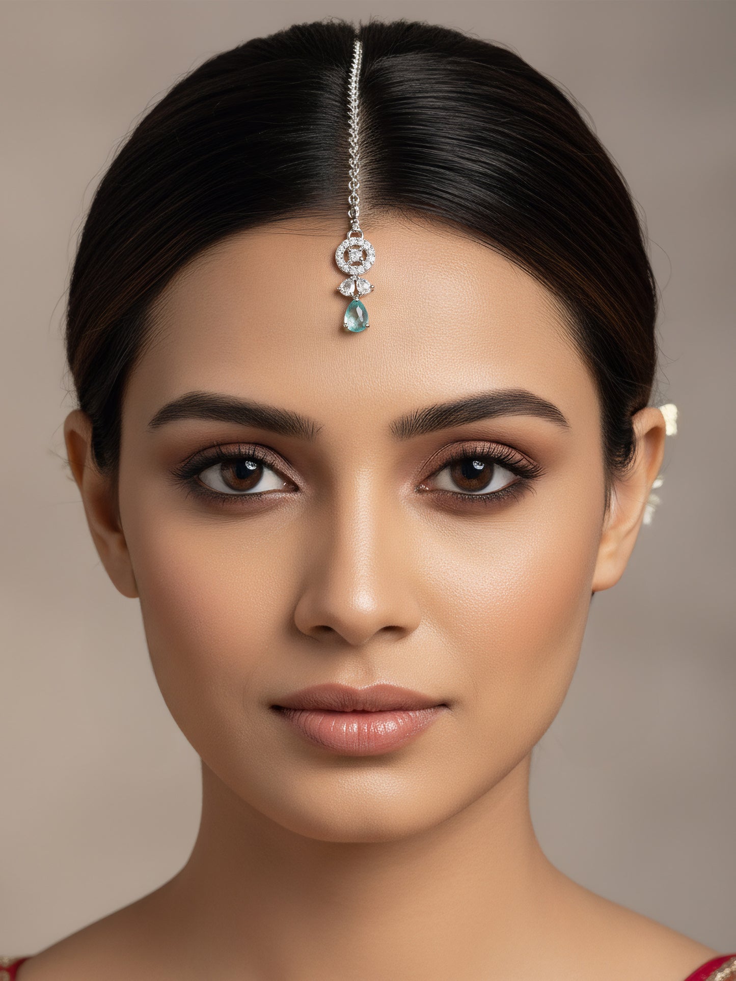 Silver Plated Mint Green AD Maang Tikka
