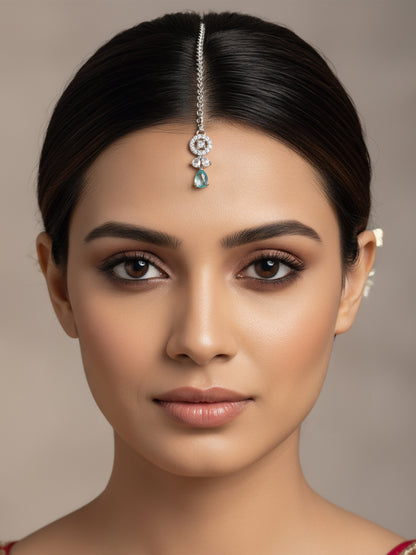 Silver Plated Mint Green AD Maang Tikka