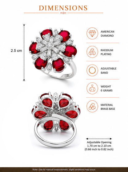 Silver Plated Red AD Floral Finger Ring for Women