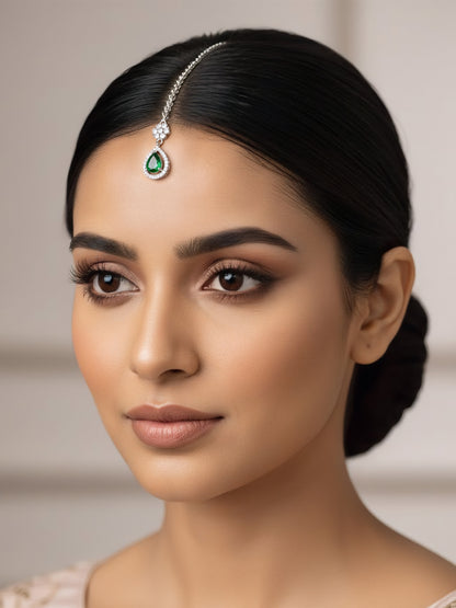 Rhodium Plated Green AD Teardrop Maang Tikka for Women