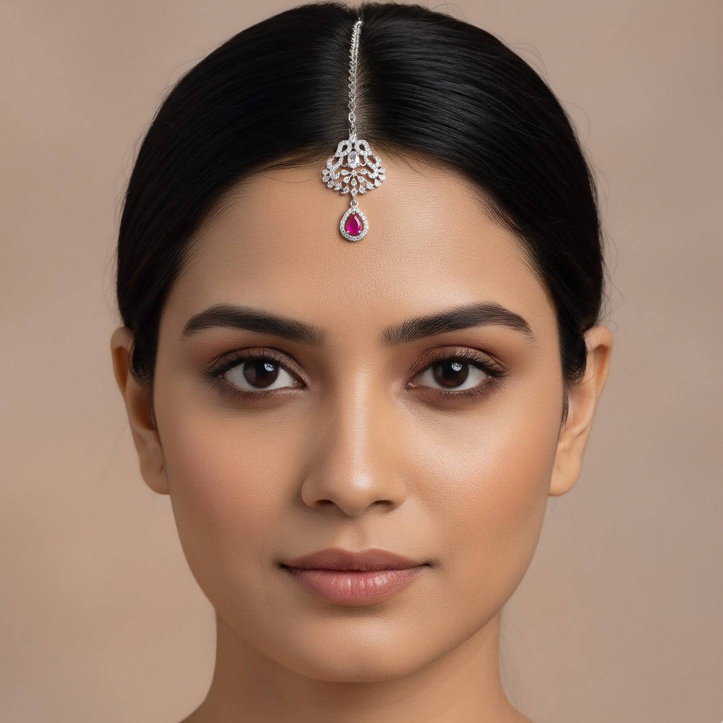 Rhodium Plated Pink AD Maang Tikka for Women