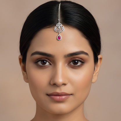 Rhodium Plated Pink AD Maang Tikka for Women