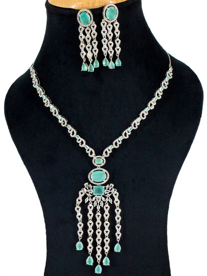 Silver Plated Mint Green AD Designer Jewellery Set