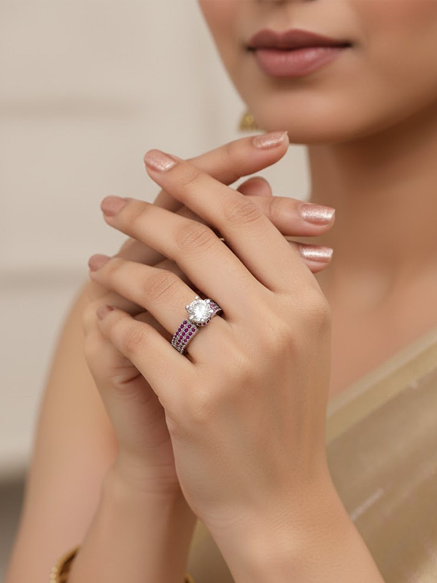 Silver Plated Ruby AD Adjustable Finger Ring for Women