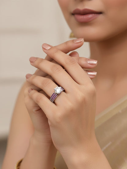 Silver Plated Ruby AD Adjustable Finger Ring for Women
